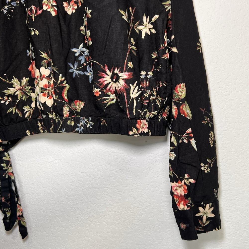 Anthropologie Pilcro Top Size L Black Floral Cropped Waist-tie Linen Blend Fall - Picture 12 of 14